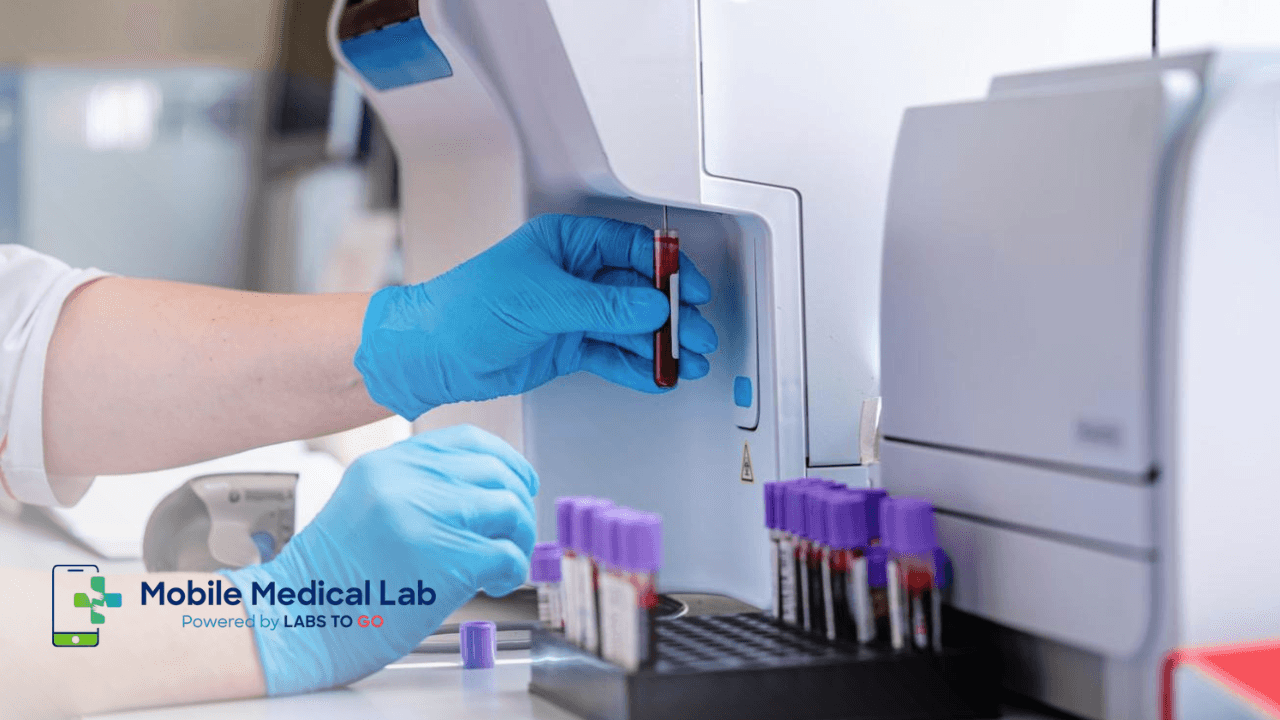 Mobile lab professional drawing blood at home versus patients waiting in a traditional clinic